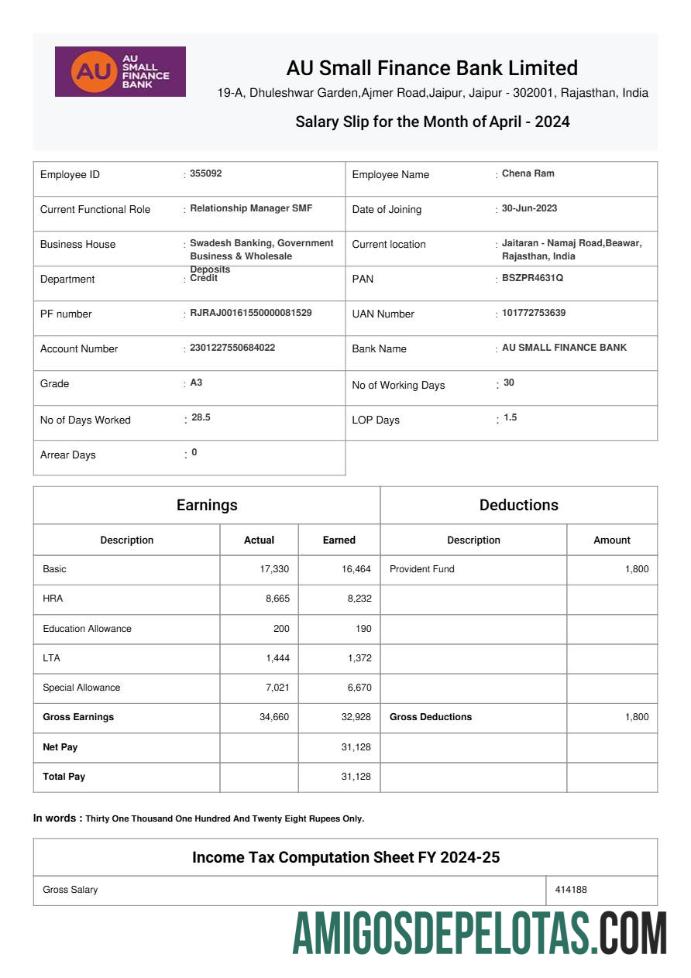 Em branco Modelo de comprovante de salário do AU Small Finance Bank em formatos Word e PDF.pdf, 1
